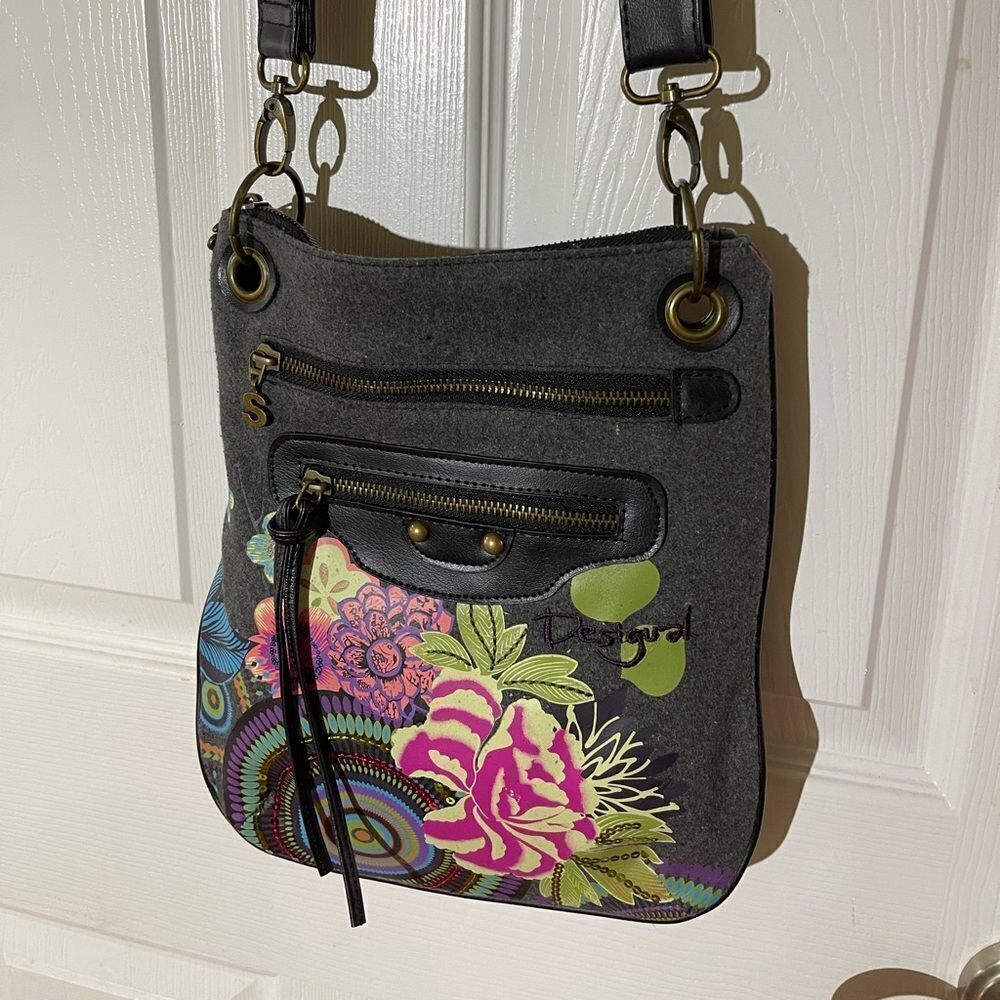 Desigual Dark Gray Crossbody with Bright Floral Print